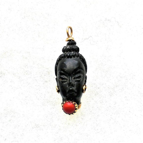 Corletto Italy 18K Yellow Gold Carved Ebony 3D Blackamoor Red Coral Head Pendant